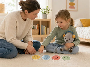 Mutter spricht mit ihrer Tochter über Gefühle, während das Kind das Lenabie Aaron im Arm hält und auf Gefühlskarten zeigt.
