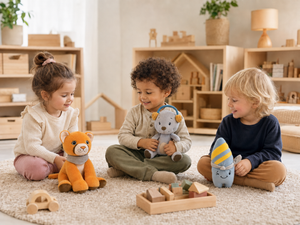 Drei Kinder spielen mit Lenabies auf einem Teppich in einer hellen Kita während der Eingewöhnung.