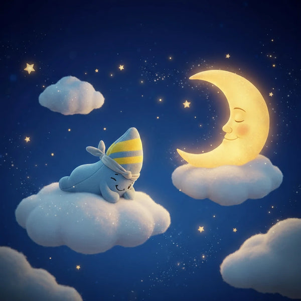 Lenabo Gute-Nacht-Geschichte „Der schlafende Mond – Nalu (Surfboard)“ – sanfte Einschlafgeschichte für Kinder ab 2 Jahren, Nalu ruht verträumt auf einer Wolke unter dem lächelnden Mond und funkelnden Sternen, beruhigende Abendgeschichte über Geborgenheit und süße Träume, ideal als liebevolles Gute-Nacht-Ritual zum Anhören über die Lenabo App