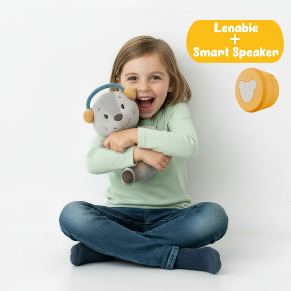Lenabo Starter Kit mit Lenabie Aaron (Bär) und Lenabo Smart Speaker – Audio-Kuscheltier Set für Babys und Kinder ab 0 Jahren, inkl. herausnehmbarem Smart Speaker Modul für Hörspiele, Musik, Weißes Rauschen und Gute-Nacht-Geschichten, kindgerechtes Audiosystem ohne Bildschirm und Mikrofon