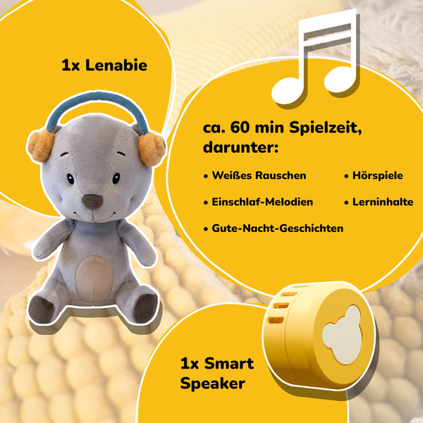Starter Kit mit Lenabie Aaron (Bär) und Lenabo Smart Speaker – enthalten sind ca. 60 Minuten Audioinhalte wie Weißes Rauschen, Einschlafmelodien, Gute-Nacht-Geschichten, Hörspiele und Lerninhalte.