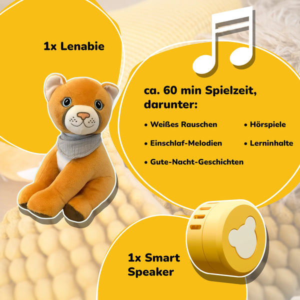 Lenabo Starter Kit mit Lenabie Tali (Puma) und Lenabo Smart Speaker – Lieferumfang: 1x Audio-Kuscheltier und 1x Smart Speaker, ca. 60 Minuten vorinstallierte Inhalte wie Weißes Rauschen, Einschlafmelodien, Gute-Nacht-Geschichten, Hörspiele und Lerninhalte, Starter Set für Kinder ab 0 Jahren