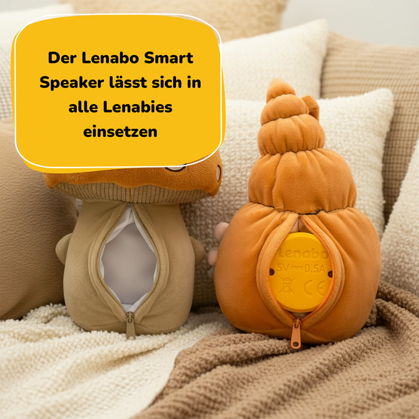 Rückansicht des Lenabo Starter Kits mit Lenabie Felix (Pilz) und Lenabie Mia (Muschel) – Reißverschlussöffnung zur einfachen Integration des Lenabo Smart Speakers, modulares Hörspiel-Kuscheltier für Babys und Kinder ab Geburt.