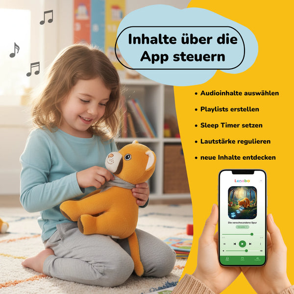 Lenabie Tali (Puma) Audio-Kuscheltier für Kinder – Inhalte bequem über die App steuern, Hörspiele, Musik und Gute-Nacht-Geschichten abspielen, Audioinhalte auswählen, Playlists erstellen, Sleep Timer setzen und Lautstärke regulieren, Kuscheltier mit entnehmbarem Smart Speaker Modul für Babys und Kleinkinder